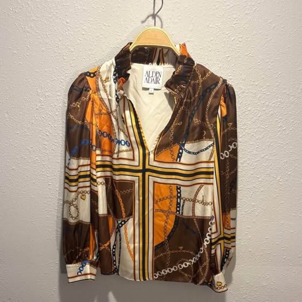 Alden Adair Equestrian Print Button Front Ruffle Blouse Size Large